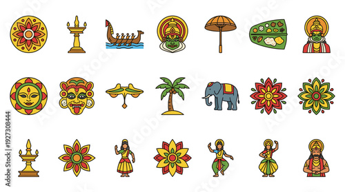 Colorful Onam festival icon set vector illustration with pookalam, kathakali, elephant, snake boat, mahabali, and dancers for traditional Kerala happy harvest holiday design.