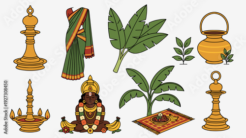 Onam harvest festival traditional elements vector featuring nilavilakku oil lamp, banana leaf, sadhya feast, saree, and pot for Kerala cultural celebration graphic design.