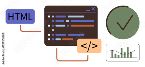 Web development, programming education, software development, coding concepts, data analysis, technology learning. Code editor with HTML tag, chart and checkmark. Web development and programming