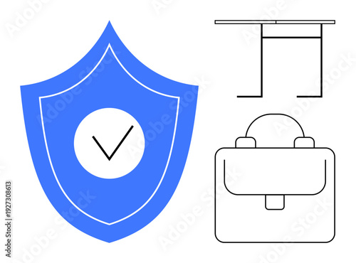 Security, office management, business safety, workspace organization, career goals, professional . Blue shield with checkmark, desk and briefcase icons. Security and office management concept