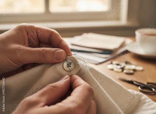Close up of a person's hands carefully sewing a white button onto a beige textured fabric with blue thread near a window with soft natural light and a cup of tea in the background
