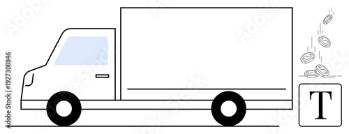 Logistics, financial transactions, moving services, shipping, supply chain, e-commerce. A delivery truck next to falling coins and a box marked T. Logistics and financial transactions concept