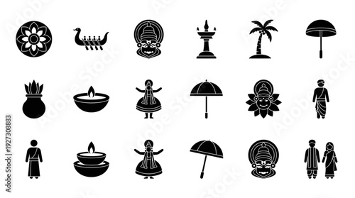 Black silhouette Onam festival vector icons set isolated on white. Featuring Kathakali face, snake boat, Mahabali, traditional umbrella, diya lamp, and Kerala cultural elements.