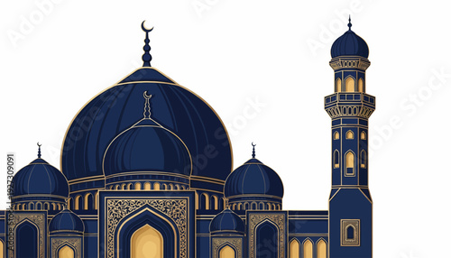 Islamic Mosque with Domes and Minaret Illustration.