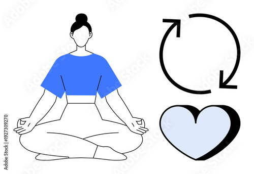 Mental health, self-care, holistic wellness, balance, meditation practice, mindfulness. Person in a lotus pose with a heart and arrows. Mental health and self-care concept