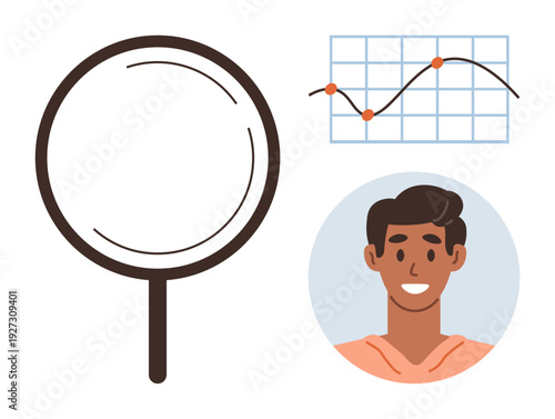 Data analysis, business growth, market research, human interaction, identity, user profile. Magnifying glass, a graph and a smiling face. Data analysis and market research highlighted