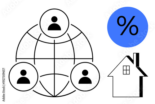 Real estate lending, global communication, homeownership, property investment, mortgage rates, financial planning. Network of people, house blue percentage sign. Real estate lending and global