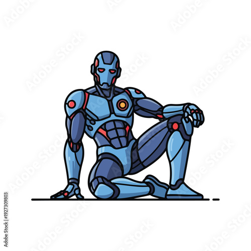 Blue robotic figure in futuristic suit kneeling on one knee