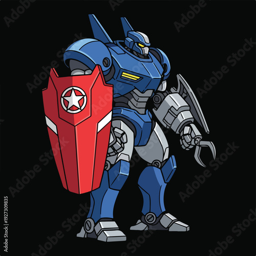 Blue robot character with red shield and star emblem standing strong