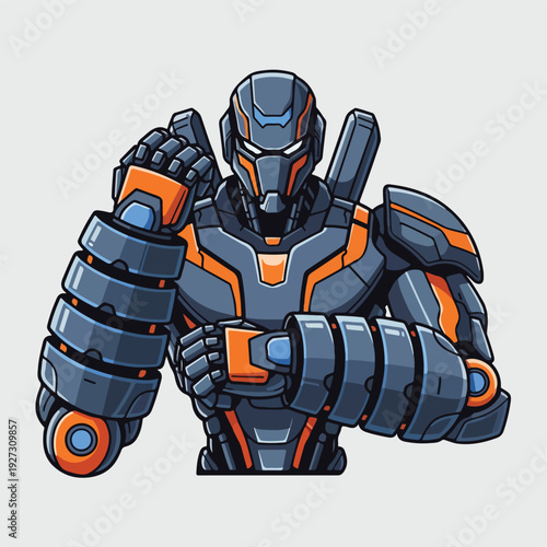 Robot superhero in futuristic armor with orange accents standing strong