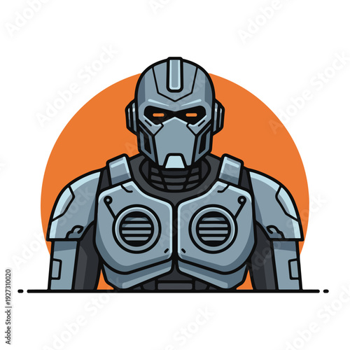 Robot wearing gray armor with orange glowing eyes standing in front of orange circle