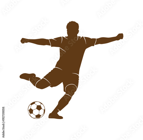 Soccer player kicking ball in action pose on white background