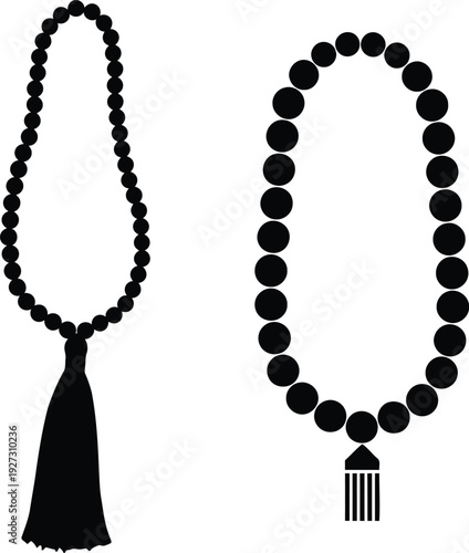 Black Tasbih Prayer Beads on White Background islamic muslim rosary