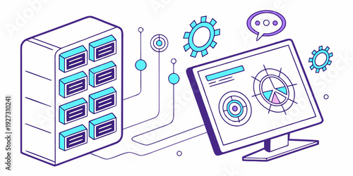 A computer and server working together to process and analyze data.