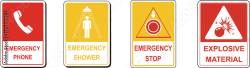 Emergency signs and labels phone shower stop explosive