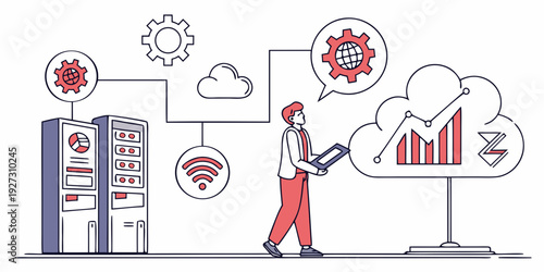 A man in a suit walking past a server rack and cloud icons.