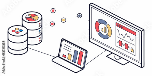 Illustration of data being transferred from a database to a laptop and desktop.