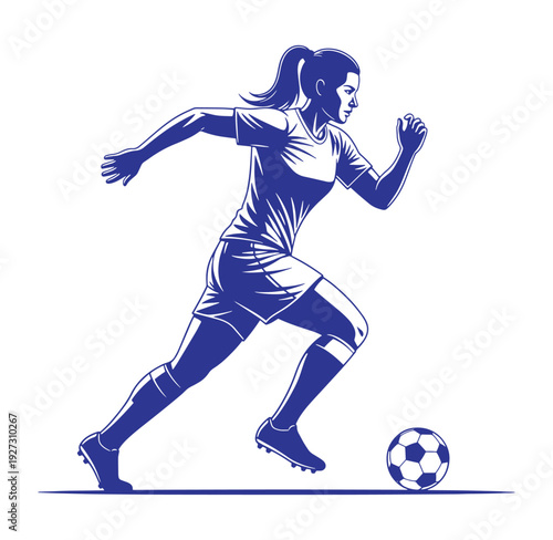 woman playing soccer with ball in motion on field