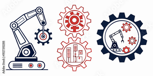 Three mechanical gears with a robotic arm in the middle and a clock in the background.