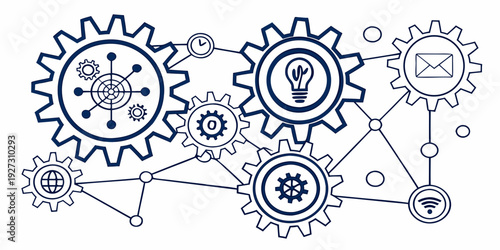 Intricate gears and symbols representing the interconnectedness of technology and information