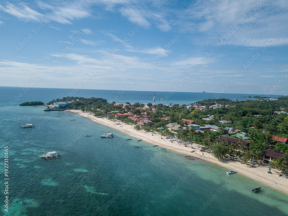 Obraz premium Aerial view of Malapascua Island with banca boats and sandy coastline, Philippines