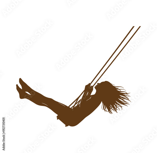 woman swinging on swing with long hair flying isolated on white background