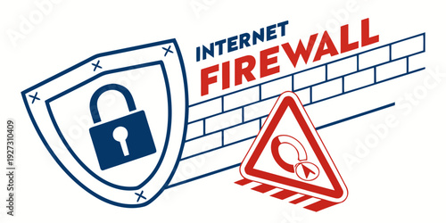 Internet firewall logo with shield, lock, and brick wall elements.