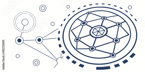 Intricate geometric patterns and interconnected nodes forming a complex network.