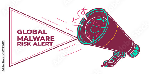 Global malware rise alert with a megaphone and a virus.