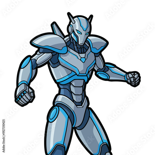 Futuristic Grey and Blue Robot Character with Horns Standing