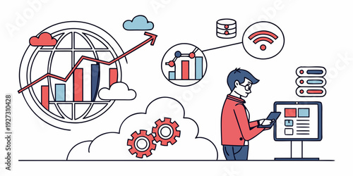 Man working on a computer with icons of cloud computing and data management around him