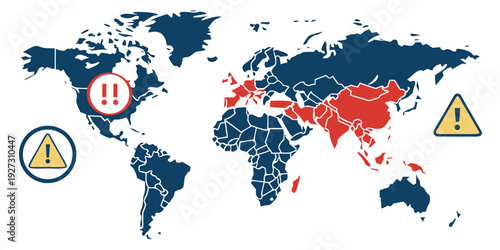 World map highlighting countries affected by various health warnings and alerts