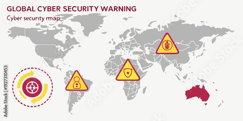 Global cyber security warnings highlighted on world map with alert icons