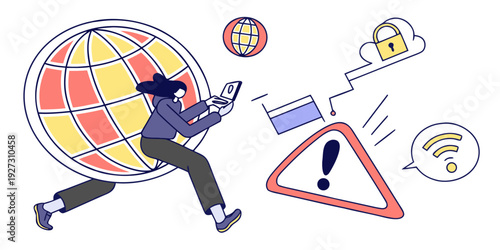 A person running away from various warning signs and symbols.