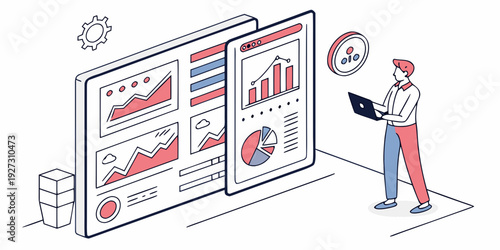 Businessman analyzing data on multiple screens in a modern office setting