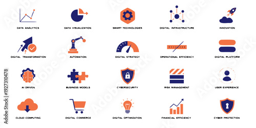 A collection of vibrant icons representing various business and technology concepts