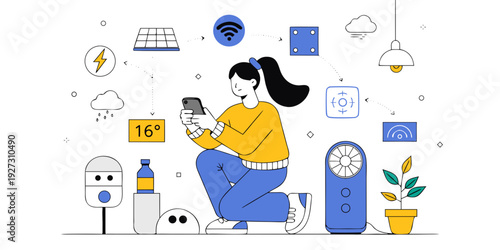 A woman surrounded by various smart home devices and gadgets in a modern living room.