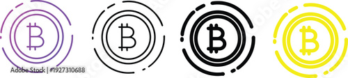 Digital Currency Icons: Bitcoin Symbol Variations in Purple Black and Yellow