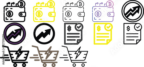 Digital Wallet and Shopping Cart Icons for Cryptocurrency Transactions and Growth