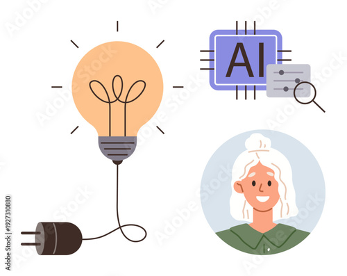 Innovation, artificial intelligence, digital learning, technology, creativity, brainstorming. A light bulb, AI chip and woman ideas and AI. Innovation and artificial intelligence concept