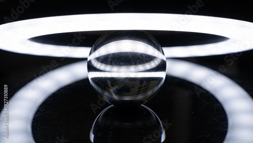 Polished Chrome Sphere with Perfect Halo Highlight from Ring Light on Black Reflective Surface Dramatic Contrast