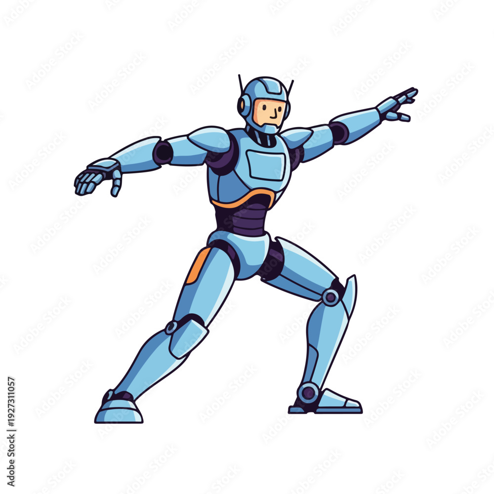 Naklejka premium Robot character in dynamic pose with arms outstretched and legs apart on white background