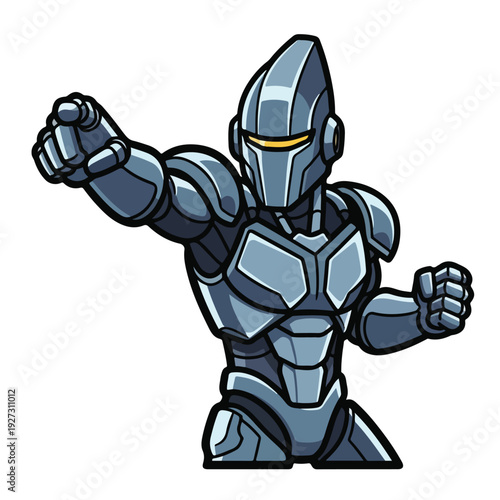 Grey robotic character with yellow eyes in aggressive stance