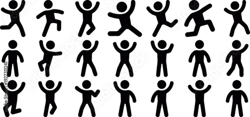 Stickman action pose silhouette icon set simple collection, Stick figure people movement icons black silhouette set, Human stickman activity pose symbols isolated vector