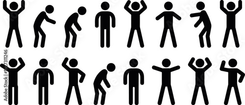 Stickman human posture silhouette icon set simple vector, human movement silhouette icon set standing bending poses, people posture silhouette icons body language vector set