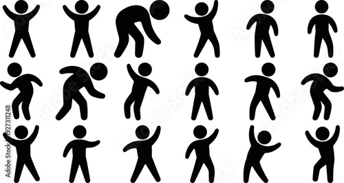 Stickman sports fitness action silhouette icon set vector, Stick figure exercise movement symbols black silhouette set, Human fitness stickman activity icon collection simple