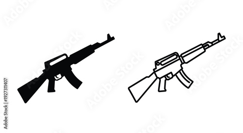 Two depictions of an ak 47 assault rifle in contrasting styles silhouette