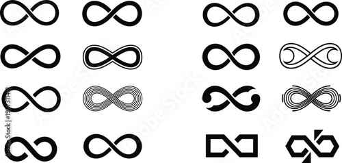 Collection of black minimalist infinity symbol vector icons featuring various eternal loop designs and abstract geometric shapes for creative branding and graphic design.