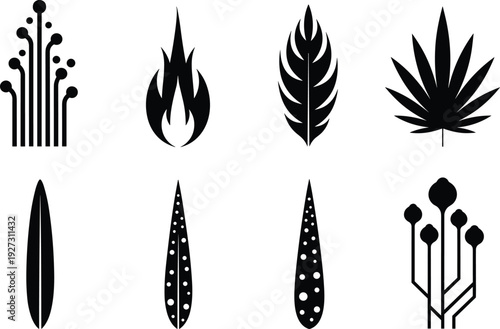 Collection of black silhouette vector icons featuring a cannabis leaf fire flame circuit board patterns and various organic leaf shapes for creative branding designs.