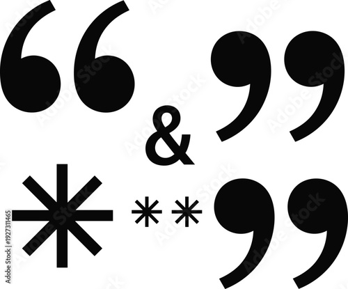 Collection of black silhouette vector icons featuring large quotation marks ampersands and asterisk symbols for creative copywriting publishing and modern typographic graphic design projects.